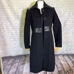 Andrew Marc Long Black Wool Angora Cashmere Leather Trim Coat Jacket Size XS